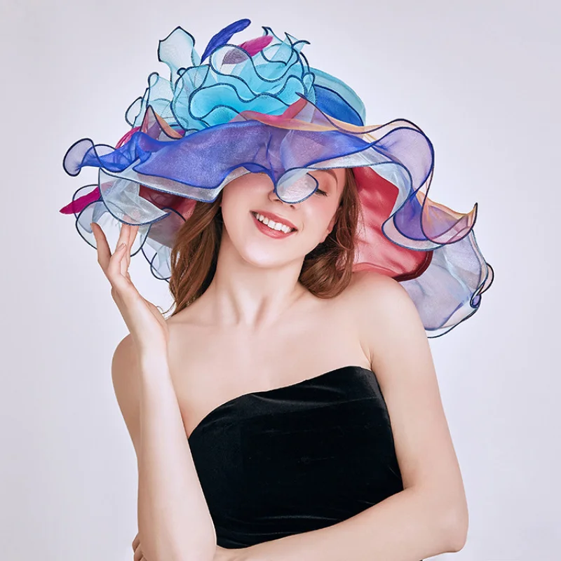 

European and American New Style Organza Sun Hat Fashion Crystal Flower Fashion Women Summer Mesh Sun Hats