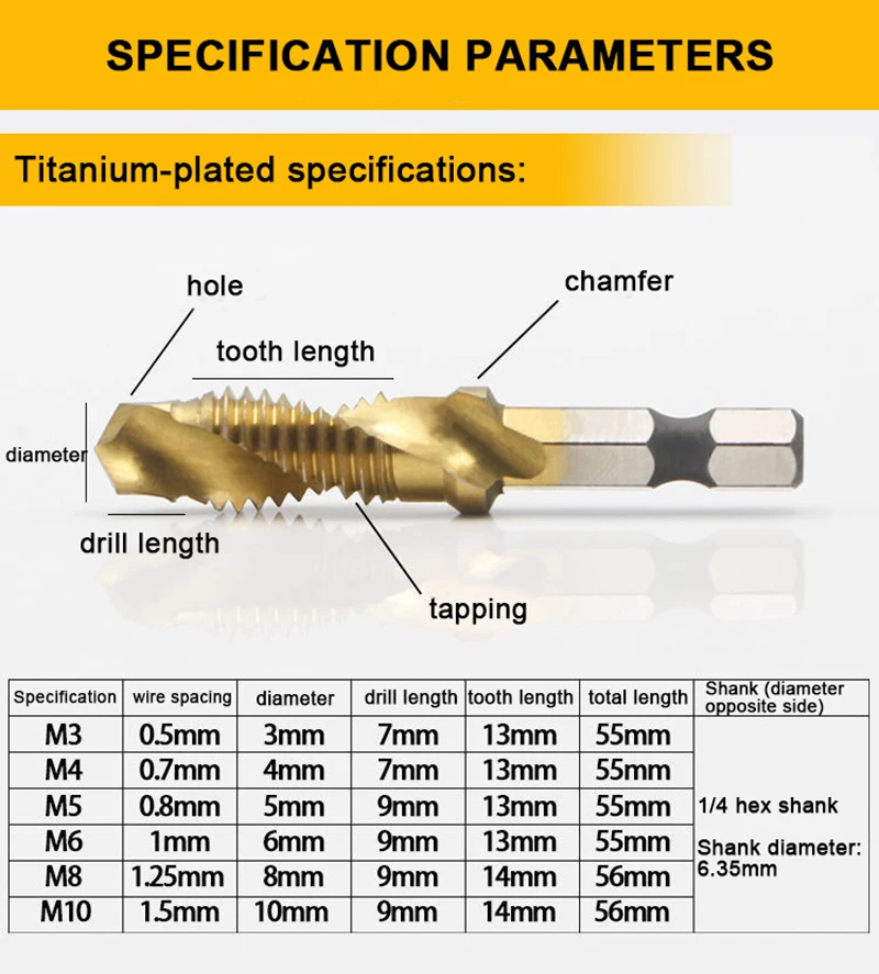 Hex Shank Titanium Plated Broca Set, Parafuso Rosca Bit, Máquina Composto Tap, Ferramentas Manuais, M3, M4, M5, M6, M8, M10, 1, 6Pcs