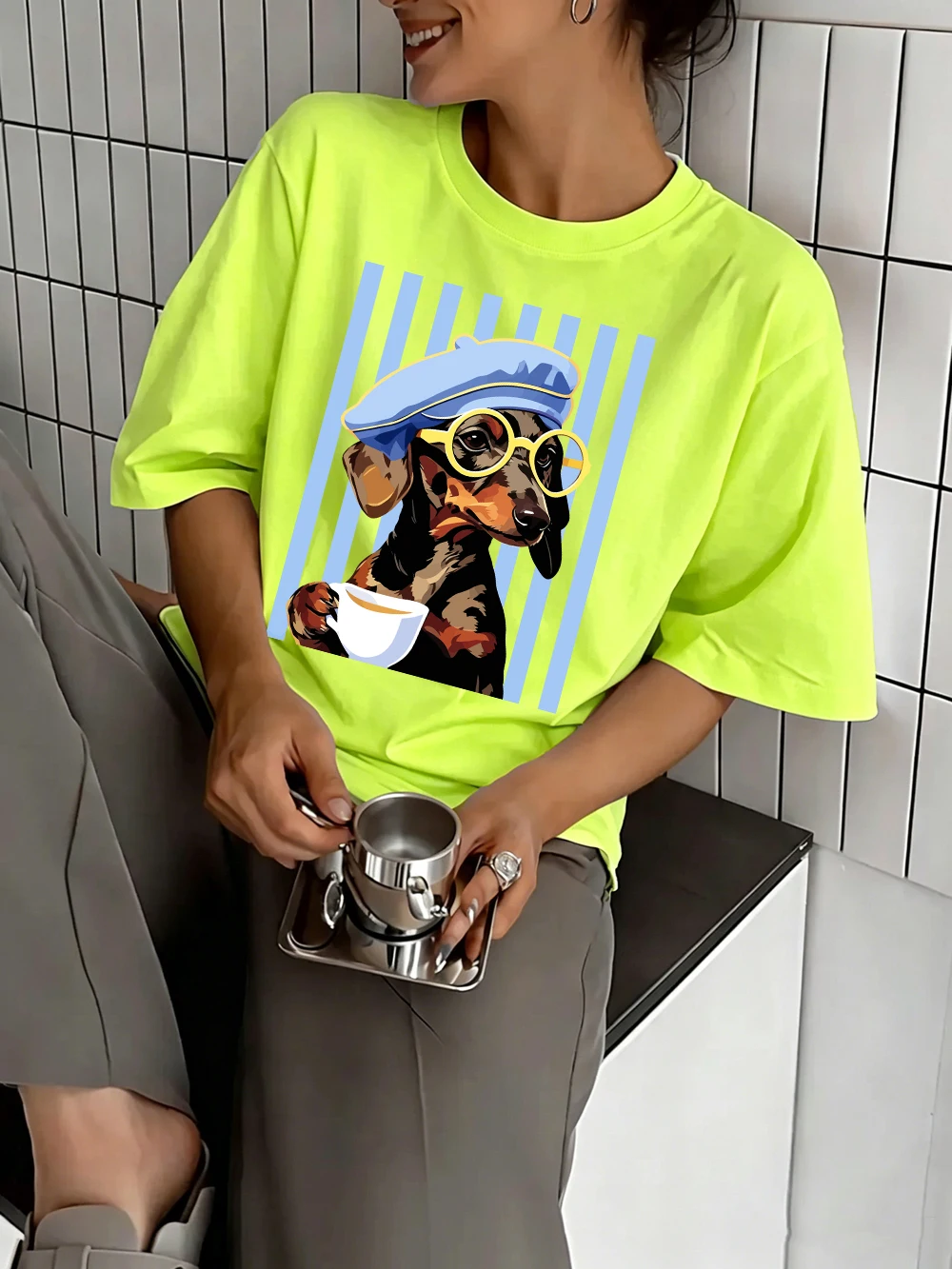Dackel-Illustrationsdrucke T-Shirts Baumwolle Damen Sommer Oversize-Tops Weiches O-Ausschnitt Kurzarm-T-Shirt Basic Damenbekleidung – Detail 18