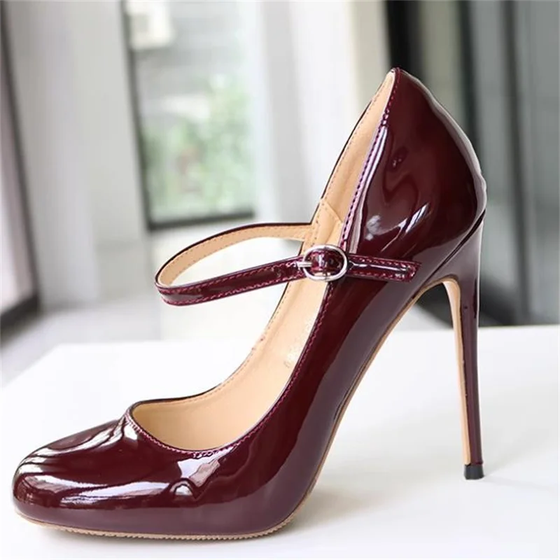 

Buckle Shoes for Ladies Round Toe High Heels Patent Leather Ankle Strap Female Pumps Sewing Lines Tacones Shallow Chassure Femme