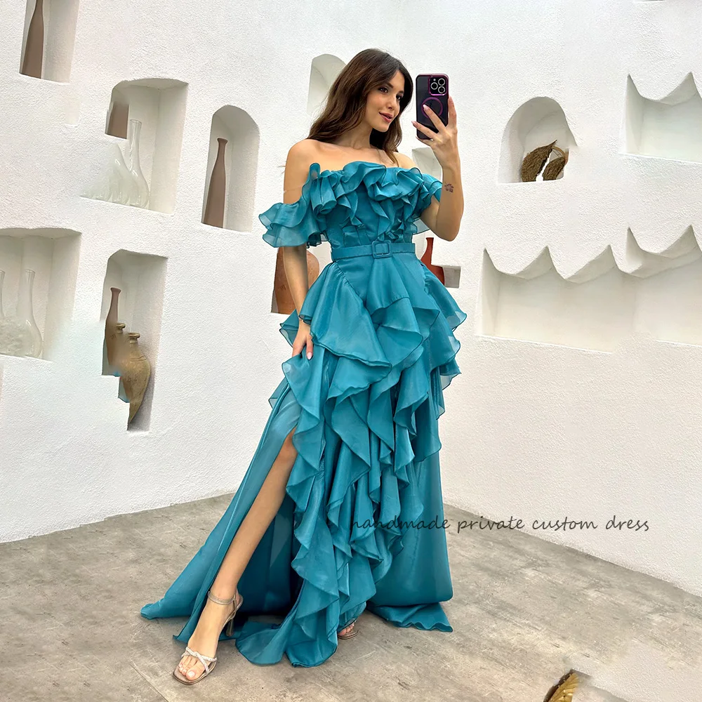

Blue Tiered Organza Off Shoulder Prom Party Dresse Side Split Long Celebrate Prom Gowns With Belt Event Evening Dress