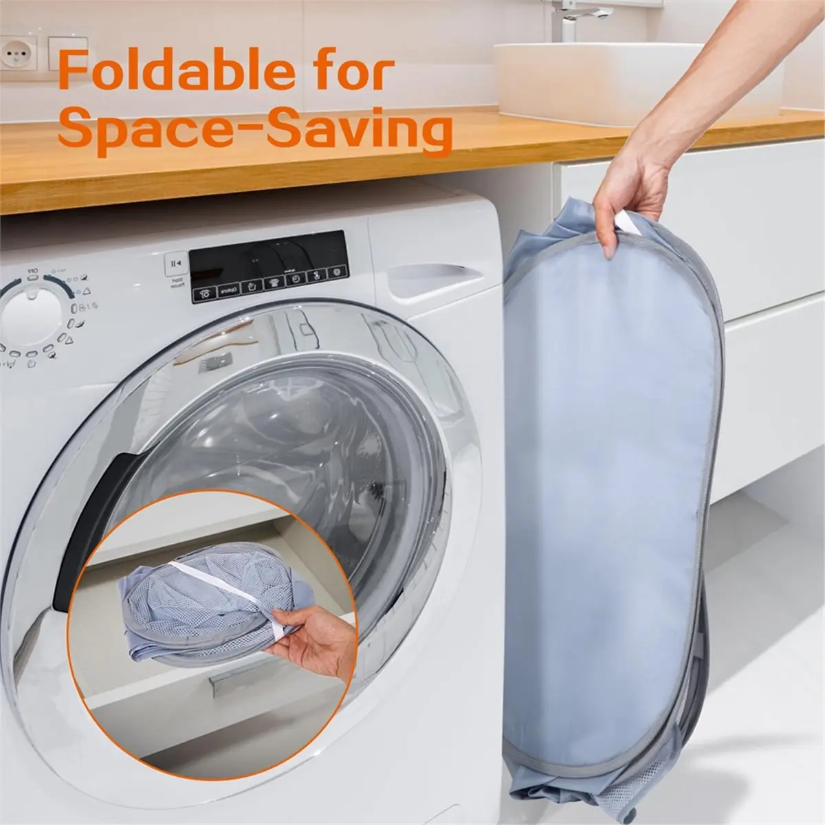 Mesh Laundry Hamper Basket, 3 Compartments Laundry Basket, Foldable Up Laundry Hamper with Side Pocket for Laundry Room