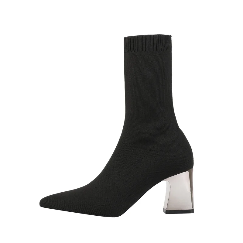 Fashion Women Boots White Black Pointed Toe Elastic Socks Boots Square Heels Boots Plus Size Ankle Boots Autumn Winter Shoes 42