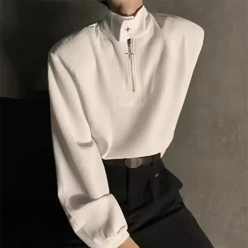 Chic Langarm Halb-reißverschluss Hemd Tops Frühling Herbst Neue Feste Lose Koreanische Trend Casual Männer Kleidung High Street