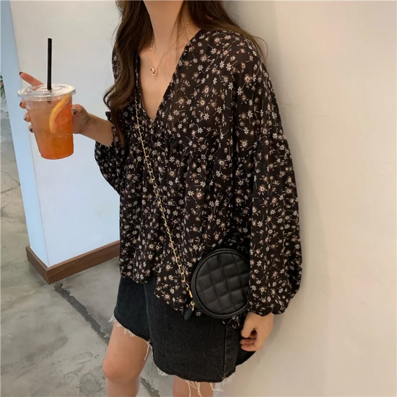 New Fashion Chiffon Women Blouse Long Sleeve Shirt Floral Print Casual Loose Tops V-neck Clothing