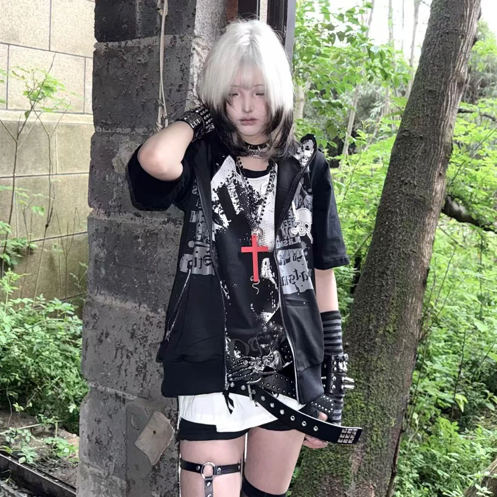 Harajuku Y2K Aesthetic Skull Letter Printed Retro Top 2026 American Street Sleeveless Coat Grunge Double Zipper Harajuku Temple
