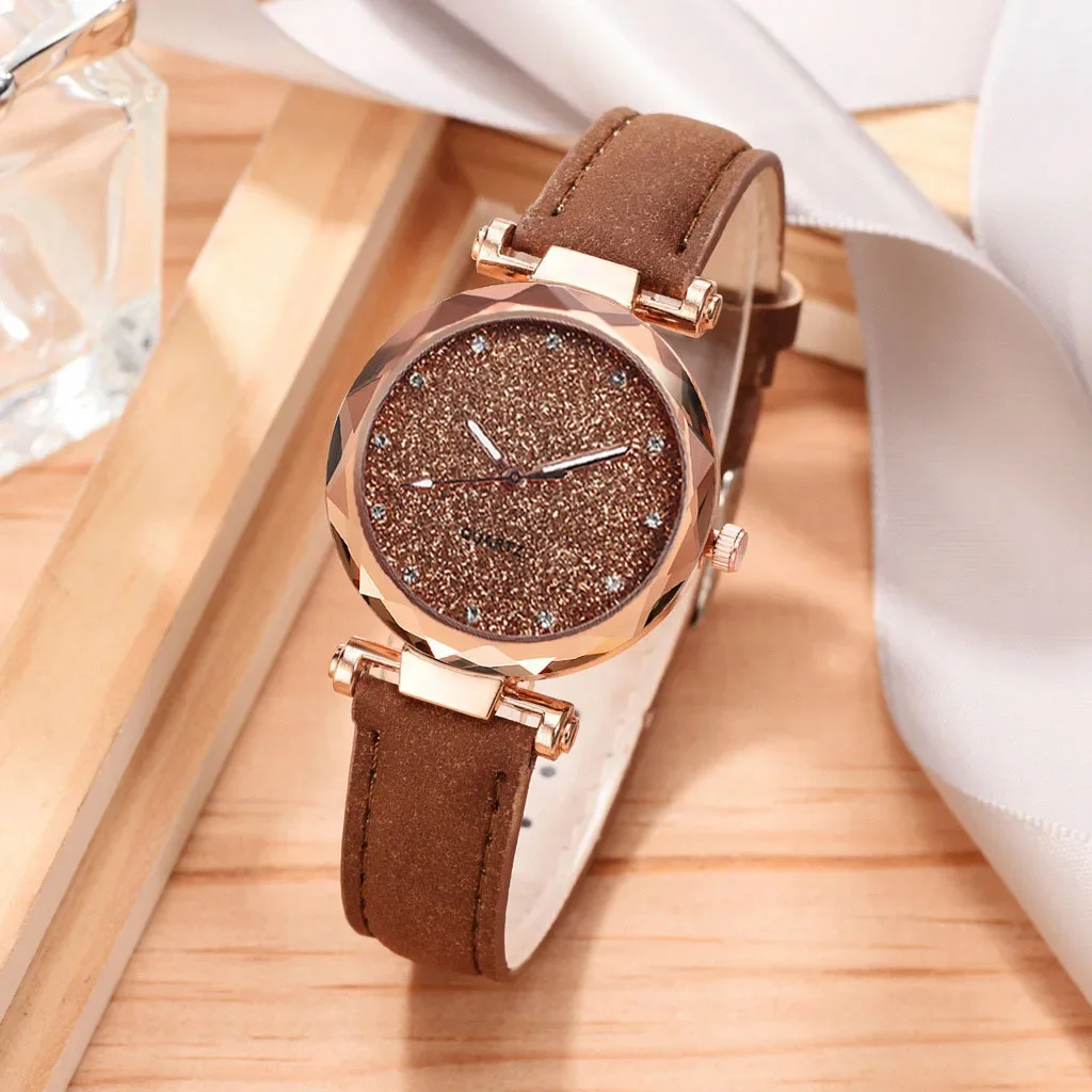 Relojes informales para mujer, reloj romántico con cielo estrellado, pulsera de cuero con diamantes de imitación, reloj de diseñador para mujer, vestido sencillo, reloj para mujer