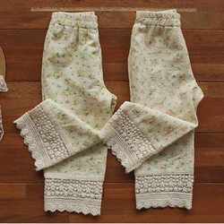 Spring Summer Baby Girls Trousers Cotton Floral Printing Lace Stitching Casual Fashion Pants Kids Elastic Waist Trousers