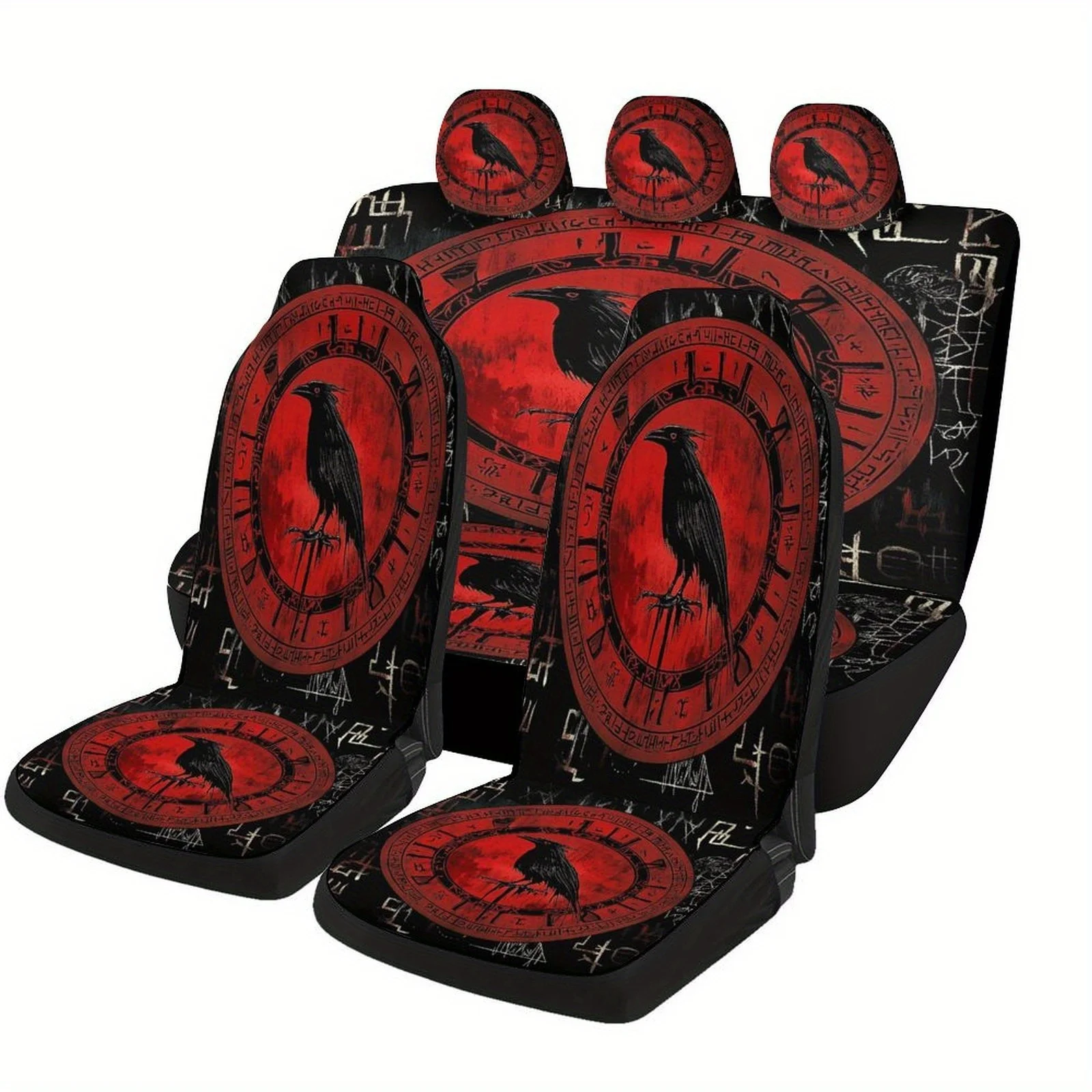 Raven And Runes Themed Car Seat Cover Set For Most Cars, Fashion Novelty Car Seat Protector Covers Full Set, Universal Car Seat