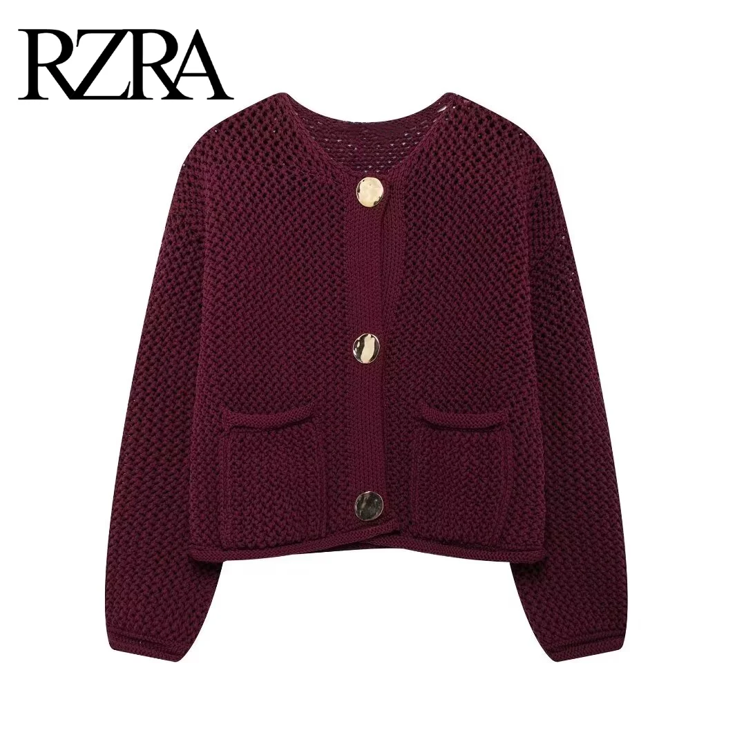 

RZRA women's 2024 autumn and winter new casual loose button-decorated hollow round neck knitted sweater jacket