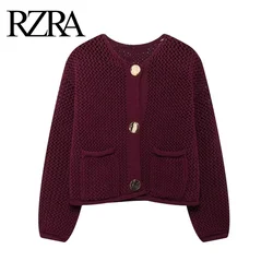 RZRA women's 2024 autumn and winter new casual loose button-decorated hollow round neck knitted sweater jacket