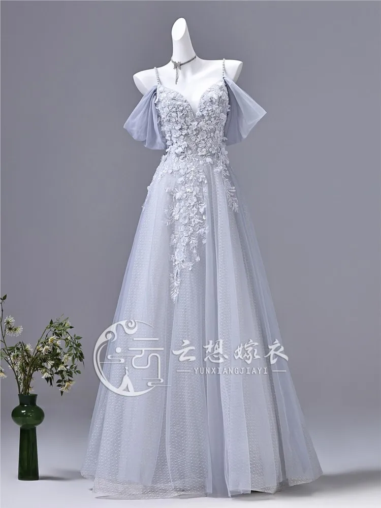 Dreamy style one-shoulder halter long light blue heavy industry luxury niche vocal art examination dress