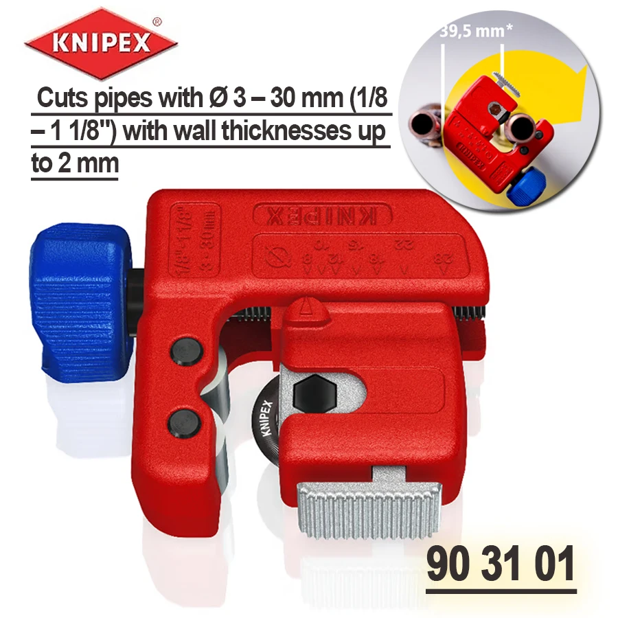 

KNIPEX 90 31 01 Pipe Cutter with Ø 3 – 30 mm (1/8 – 1 1/8") Mini Stainless Steel Compact Single Hand Operation Cutting Tools