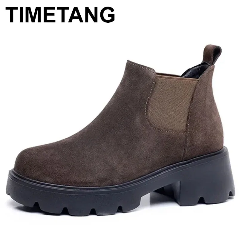 

2025 Autumn Women Boots Round Toe High Heel Cow Suede Leather Women Shoes Boots Winter Chunky Heel Ankle Boots Genuine Leather