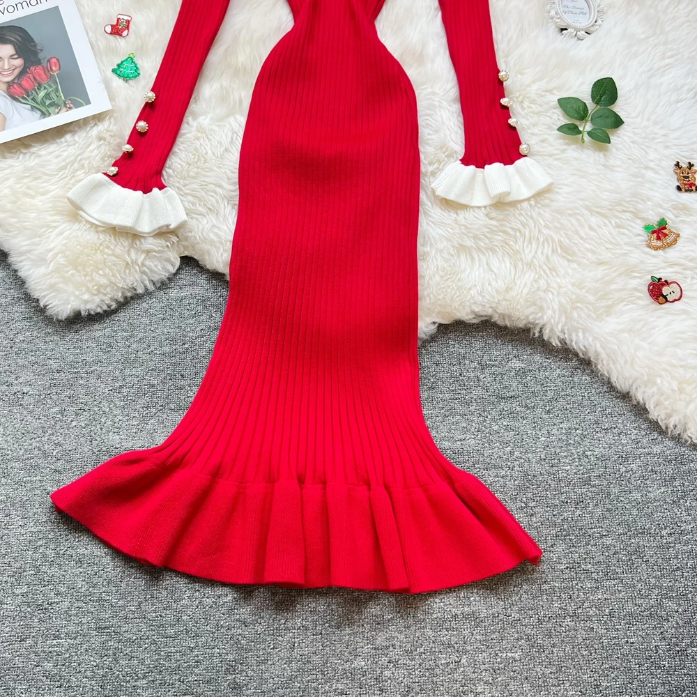 YuooMuoo 유럽 패션 인어 파티 드레스 2026 가을 겨울 긴 소매 슬림 탄성 바디콘 니트 롱 드레스 여성 의류