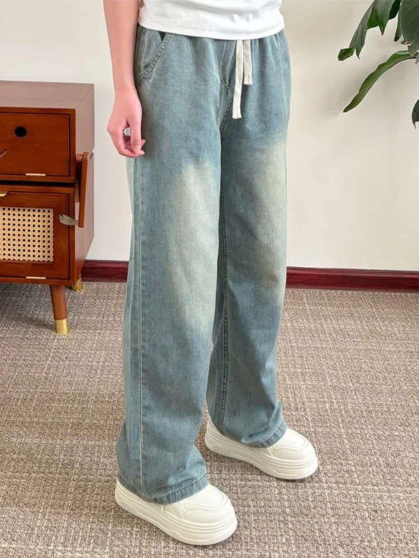 

Light Blue Ice Silk Men's Summer Thin Wide Leg Jeans American Micro Flared Straight Cut Trousers Cool Sensation Loose Fit Jeans