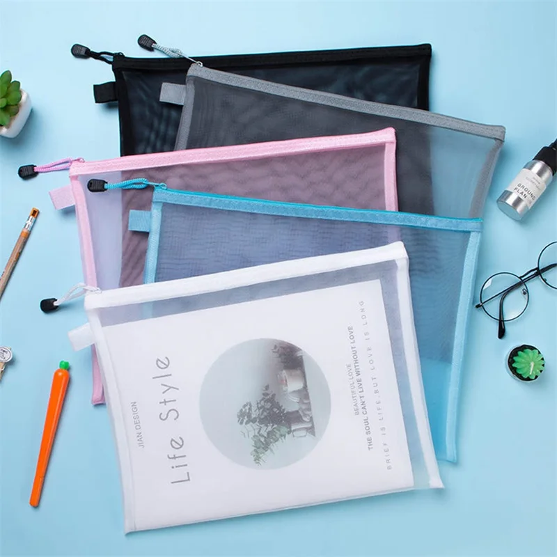 A4/A5/A6 Mesh Zipper Pouch Document Bag Waterproof Zip File Folders School Office Supplies Cosmetic Makeup Bags