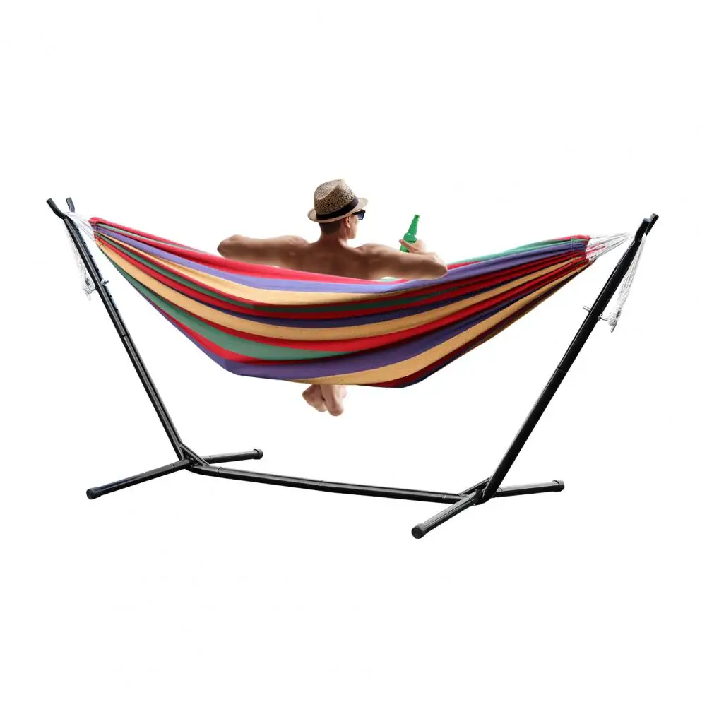 Basics Double Hammock with Space Saving Metal Stand, Indoor Hammock Stand with Carrying Bag, Strong Load-Bearing, Striped Print