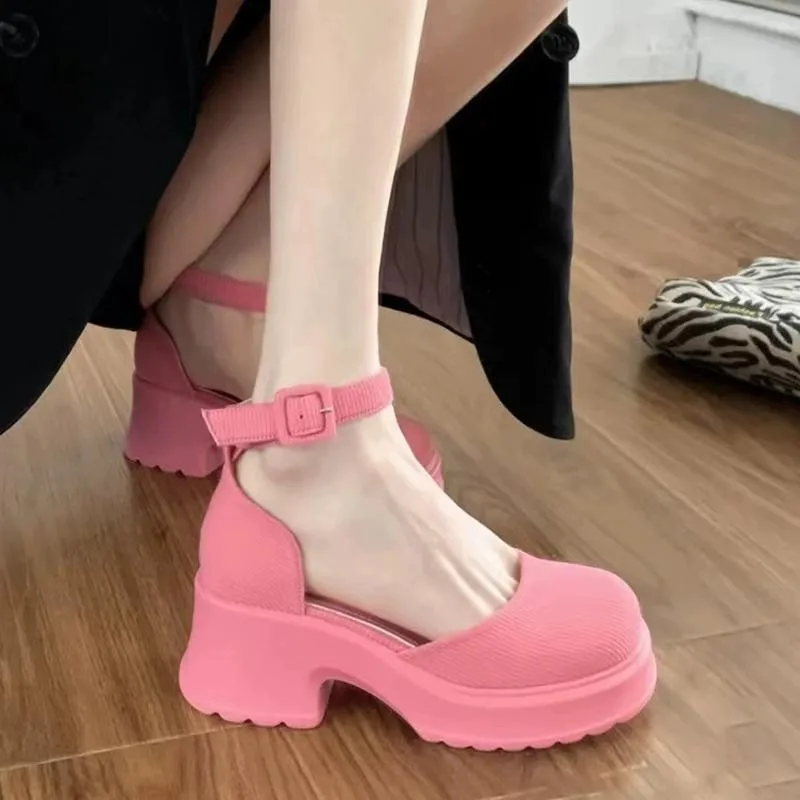 Modern Heels Shoes Women Spring Autumn Retro Mary Janes Pumps Round Mid Heeled Split Toe Sandals Solid Buckle Heels Women Pumps