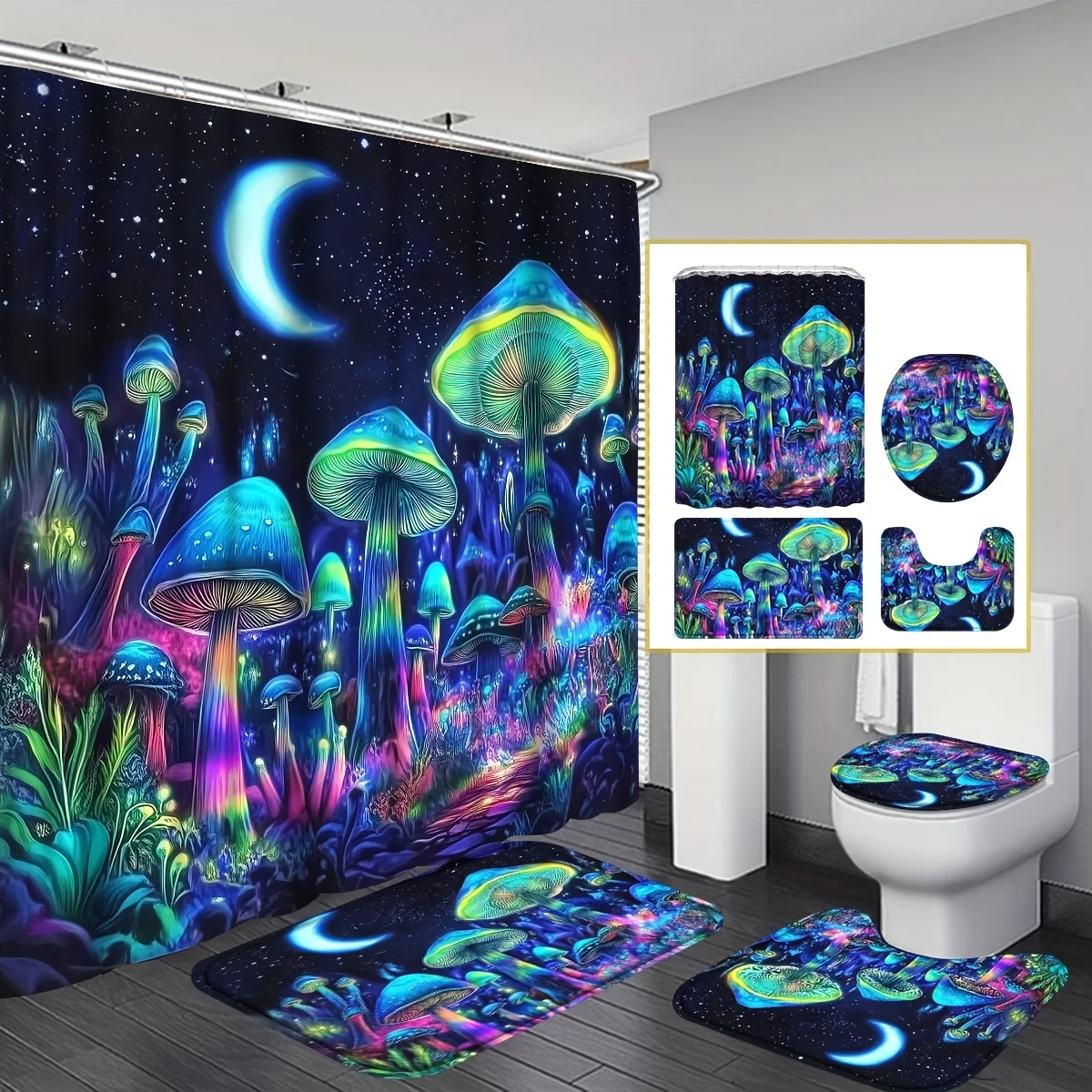 

4pcs Mushroom Shower Curtain Set with 12 Hooks, Moon And Stars Bathroom Accessories, Non-Slip Rugs, Toilet Lid Cover, And U-Shap