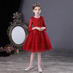 DW683 Children's Girls Red Princess Dress Long Sleeve Piano Party Ceremony Flower Girl Gown