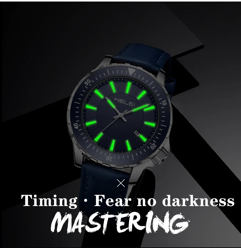 ساعة يد رجالية كوارتز جديدة من HELEI بحزام مضيء من الجلد الطبيعي #4