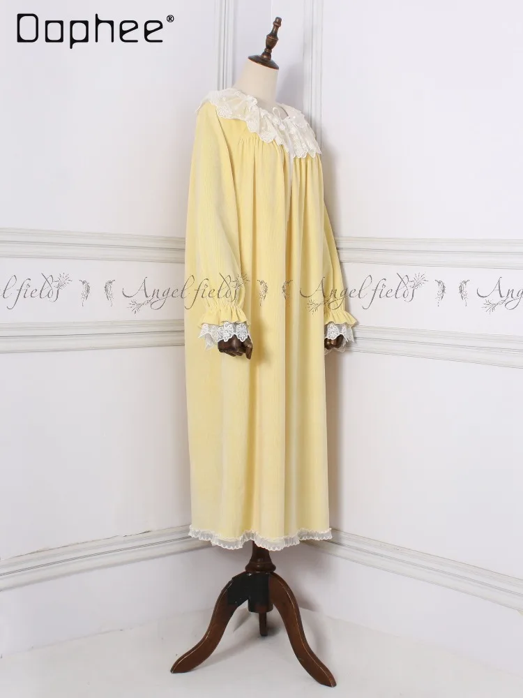French Gentle Retro Princess Style Nightdress Lace Doll Collar Bow Cuffs Lotus Leaf Splicing Lace Long Sleeve Women Homewear