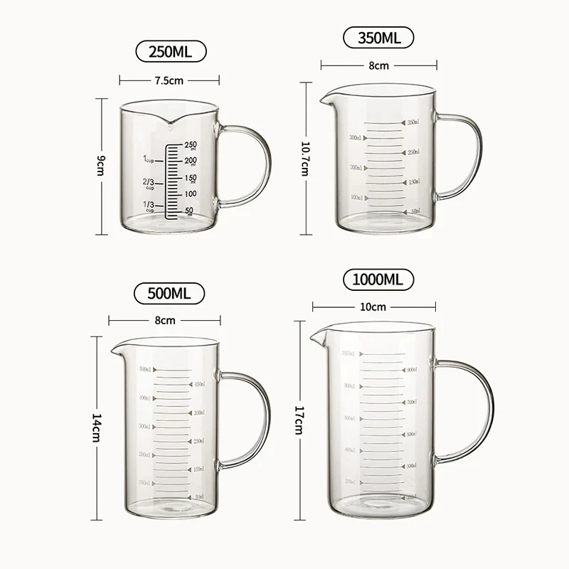 250-1000ml Household Food Grade Glass Measuring Cups Kettle Kitchen Milk Tea with Lid and Handle Laboratory Beaker Measuring Mug