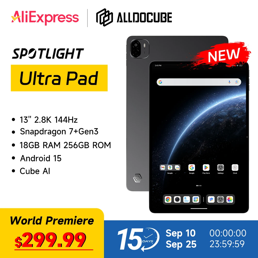 World Premiere ALLDOCUBE Ultra Pad 13'' 2.8K 144Hz Tablet Snapdragon 7+Gen3 18GB RAM 256GB ROM Android 15 15000mAh Cube AI
