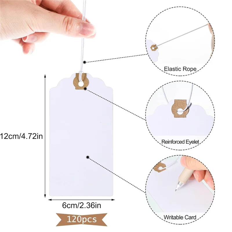 Комплект из 120 тегов с эластичной маркировкой, комплект подвесных бирки с прикрепленным шнурком, усиленным отверстием, записываемые бирки 4,76x2,36 дюйма