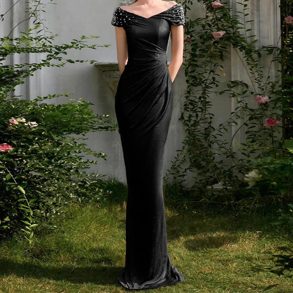 

Women's Straight Evening Dresses Floor-length Off The Shoulder Sleeveless Prom Gown Fashion Crystal Simple Pleat Customized Gown