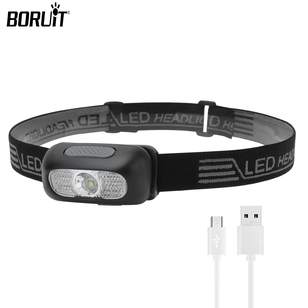 BORUiT Mini LED Headlight Outdoor Portable High Power Head Flashlight USB Rechargeable Headlamp Camping Fishing Running Lantern