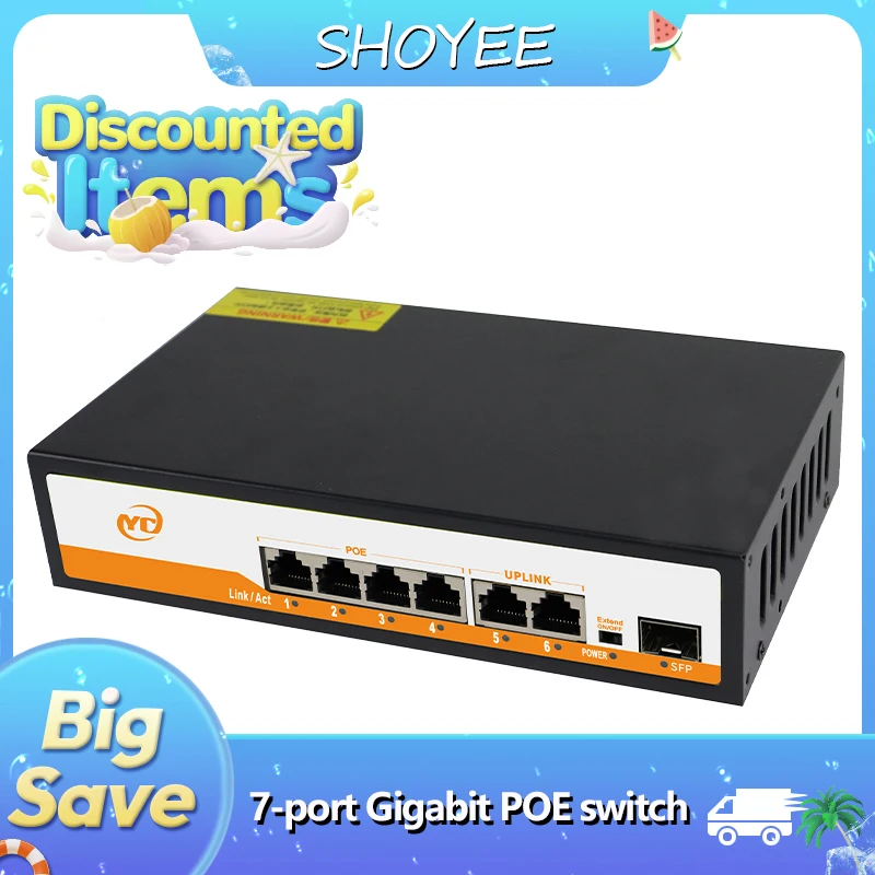 

7-портовый гигабитный Ethernet-коммутатор POE RJ45 SFP с невимужным подключением 802.3af/at Plug and Play, для IP-камеры/NVR