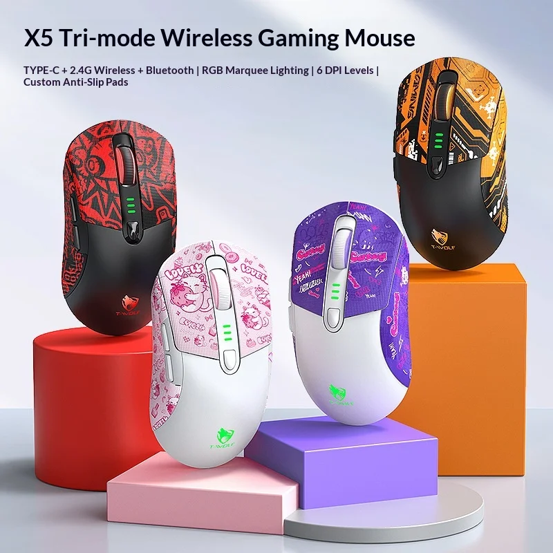 T-Wolf X5 Tri-Mode Wireless Gaming Mouse Rgb Backlit 6 Dpi Levels Type-C Rechargeable Bluetooth 2.4g With Diy Anti Slip Sticker
