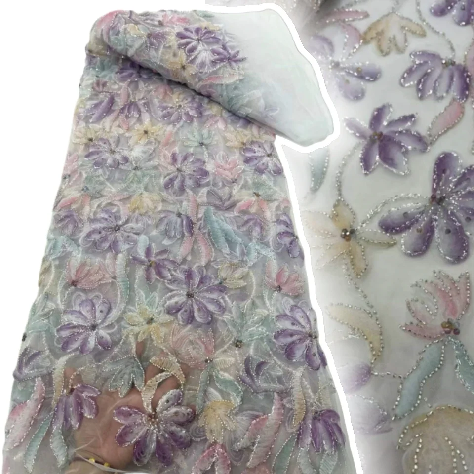 

2025 Latest Luxury 3D Lace Fabric Dubai Tulle Lace Fabric With Groom Embroidered Applique African Fabric For Dress Sew SZ1098