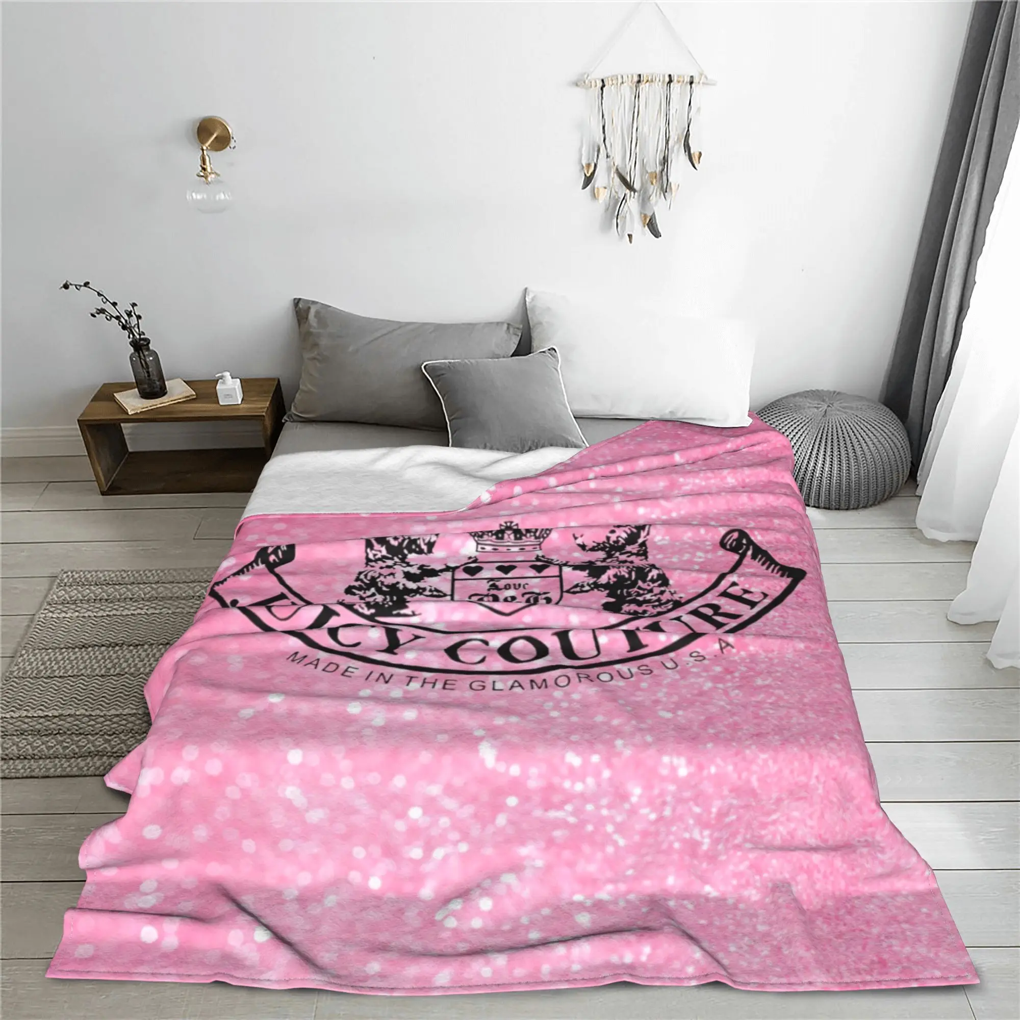 Juicys Pink Y2K JC Blanket Fleece Coutures Warm Throw Blankets for Bedding Couch Bed Rug