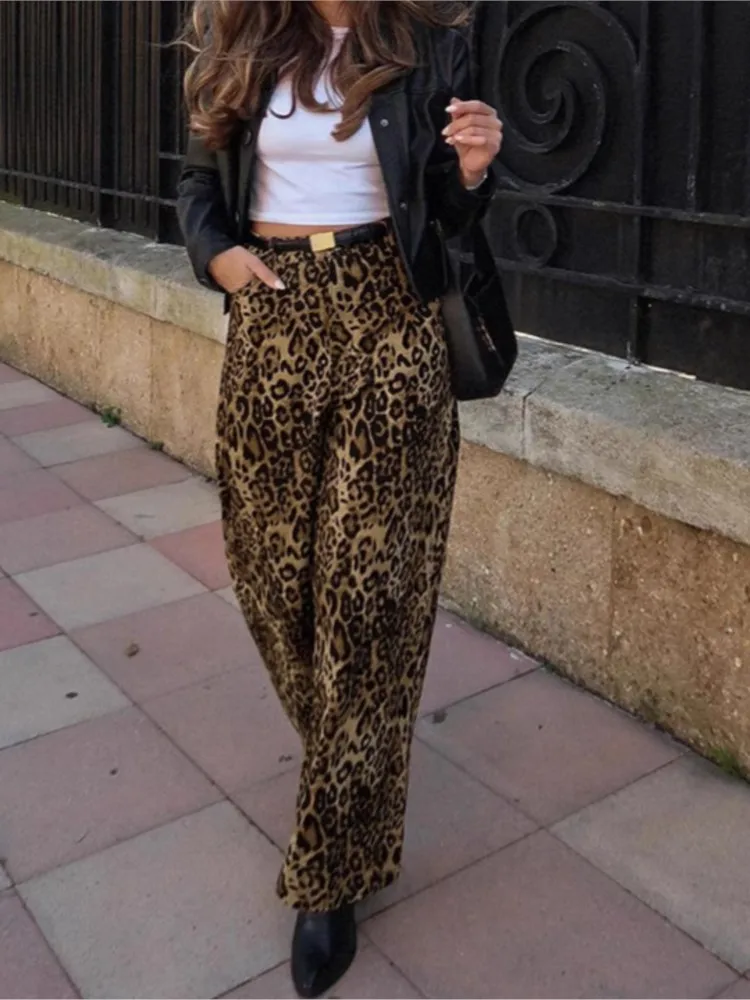 خريف موضة جديدة ريترو الساخن فتاة فضفاضة عالية الخصر ليوبارد سراويل تقليدية المرأة التنقل أنيقة تنوعا واسعة الساق بنطلون
