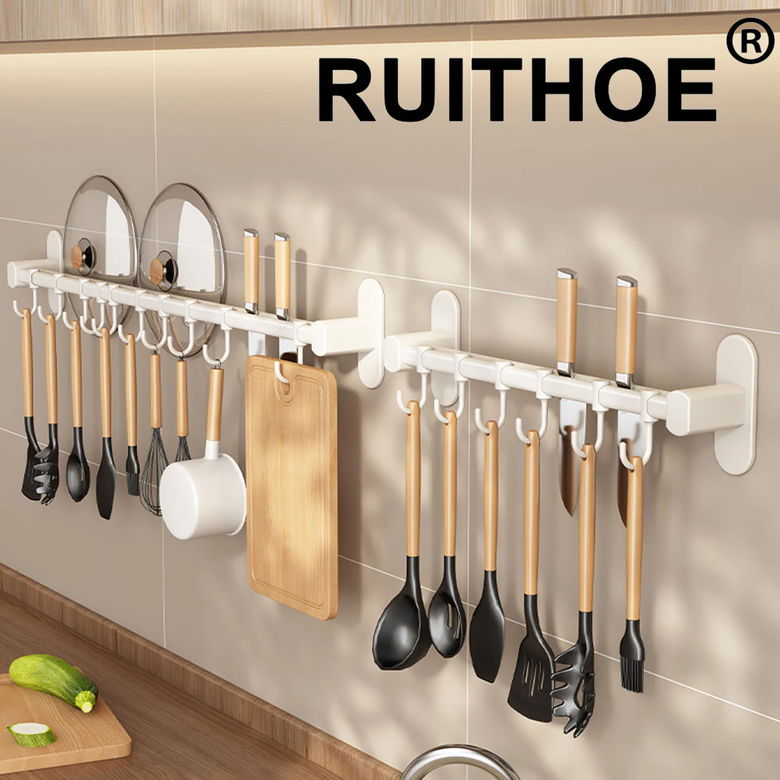 

Wall Mounted Kitchen Hook Rack No-Punching Wall Hangers Rail Kitchen Utensils Rack Spoon Shovel Chopping Board Storage Rack