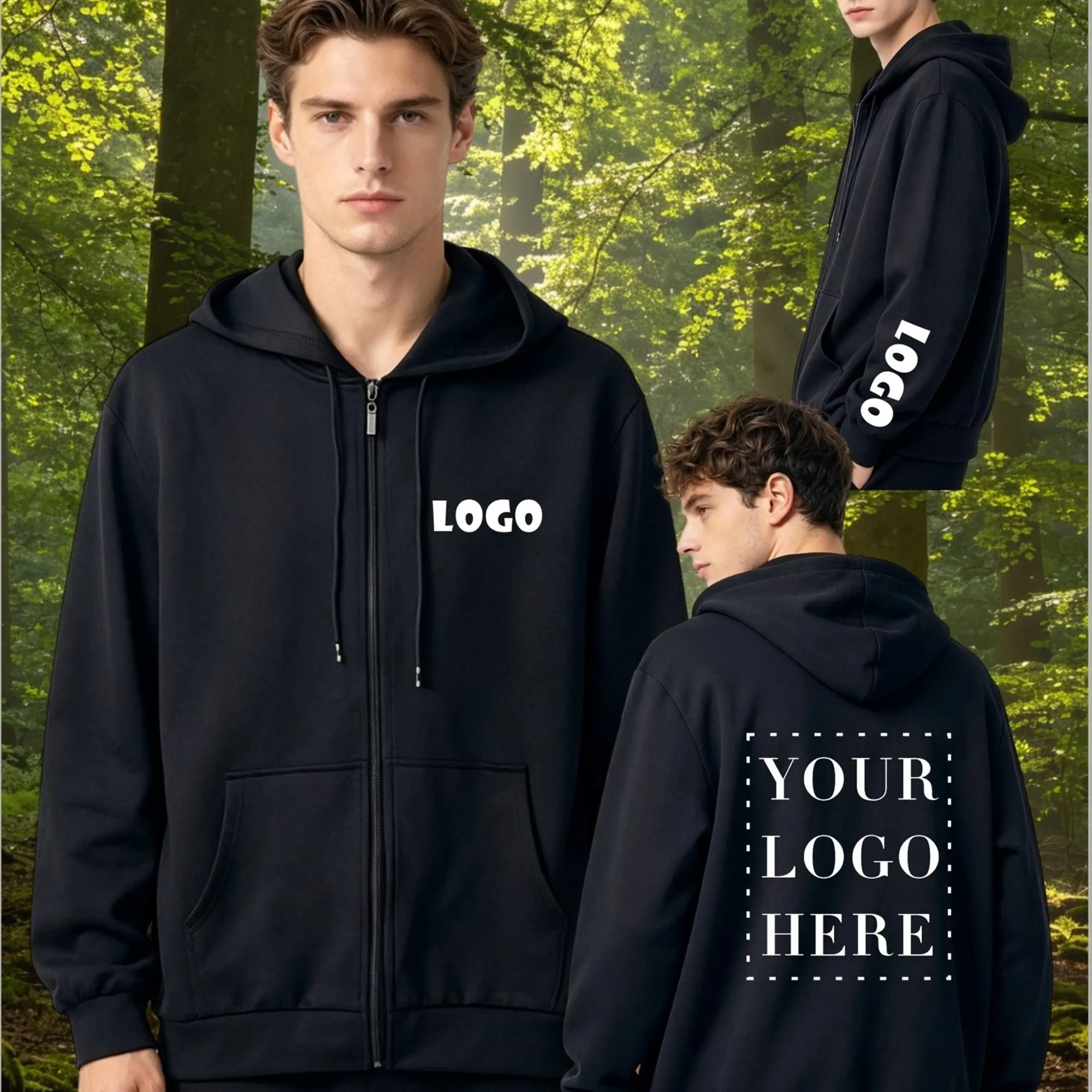 DIY Custom Your Brand Logo Men's and Women's Casual Hoodie, Solid Color Zip-Up Street Style Sweatshirt, Custom Gift