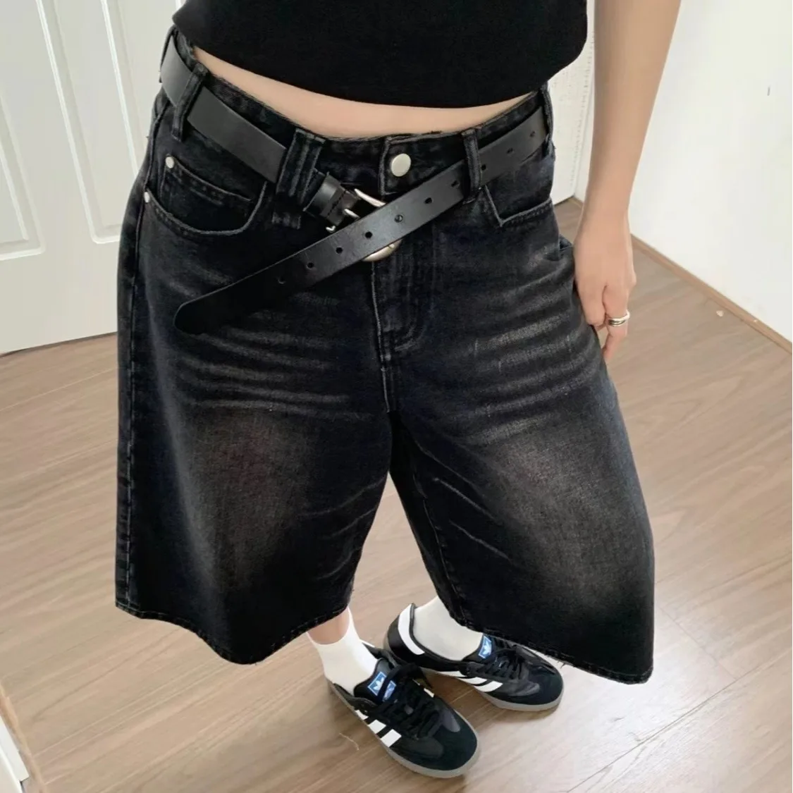 QWEEK Y2k Baggy Vintage Jorts Women High Waist American Streetwear Wide Leg Knee Length Jeans Casual Loose Summer Denim Shorts