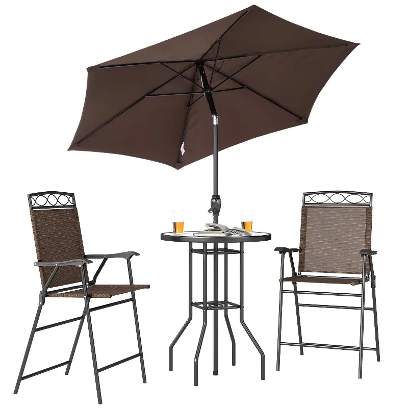 3 Piece Outdoor Patio Bar Set with Umbrella Tempered Glass Table 2 Folding Chairs All Weather Furniture for Poolside Garden Deck