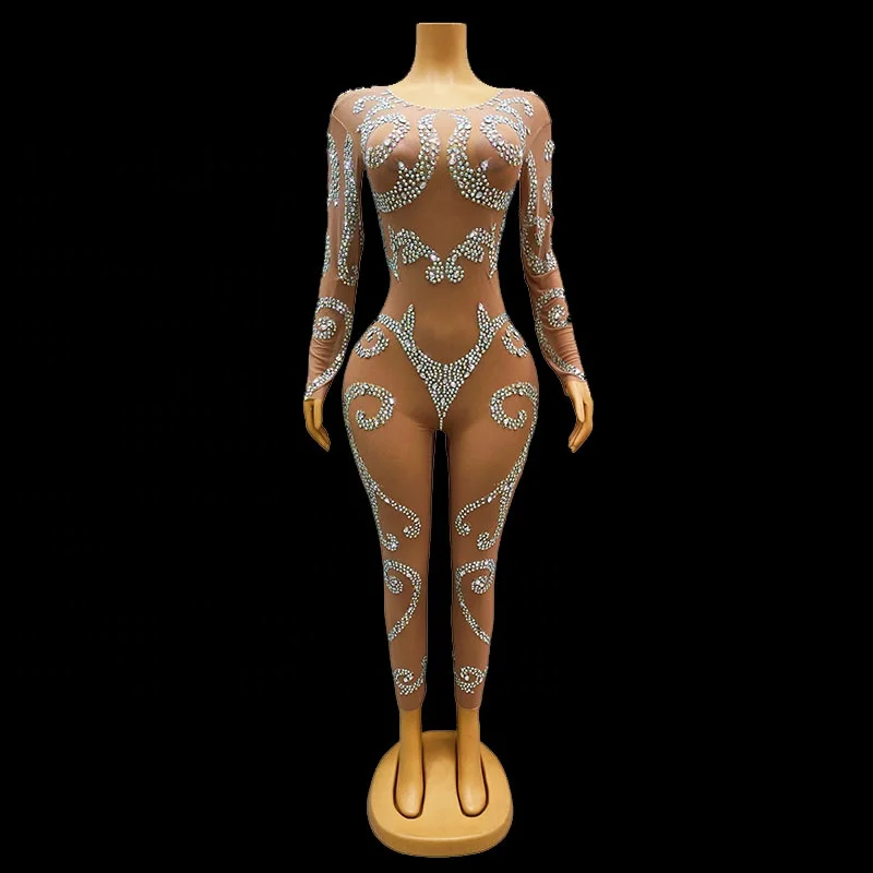 

Sexy Bodysuit Outfit Birthday Performance Singer Costume Shining AB Color Rhinestones Nude Transparent Jumpsuit