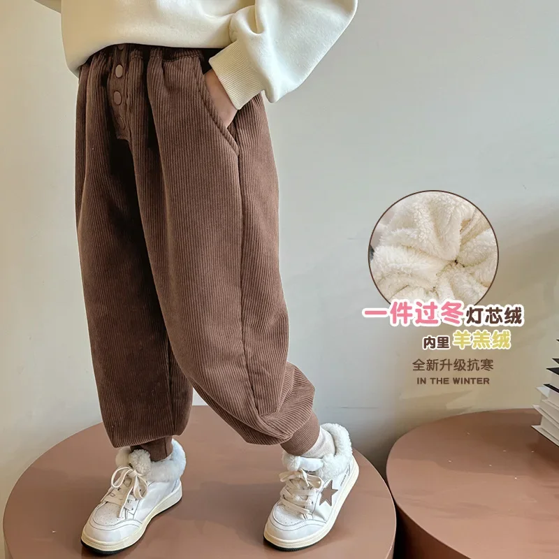 

Girls Trousers Winter Fleece Pants Girls Corduroy Casual Pants 2024 New Children Winter Clothing Foreign Style Thick Pants