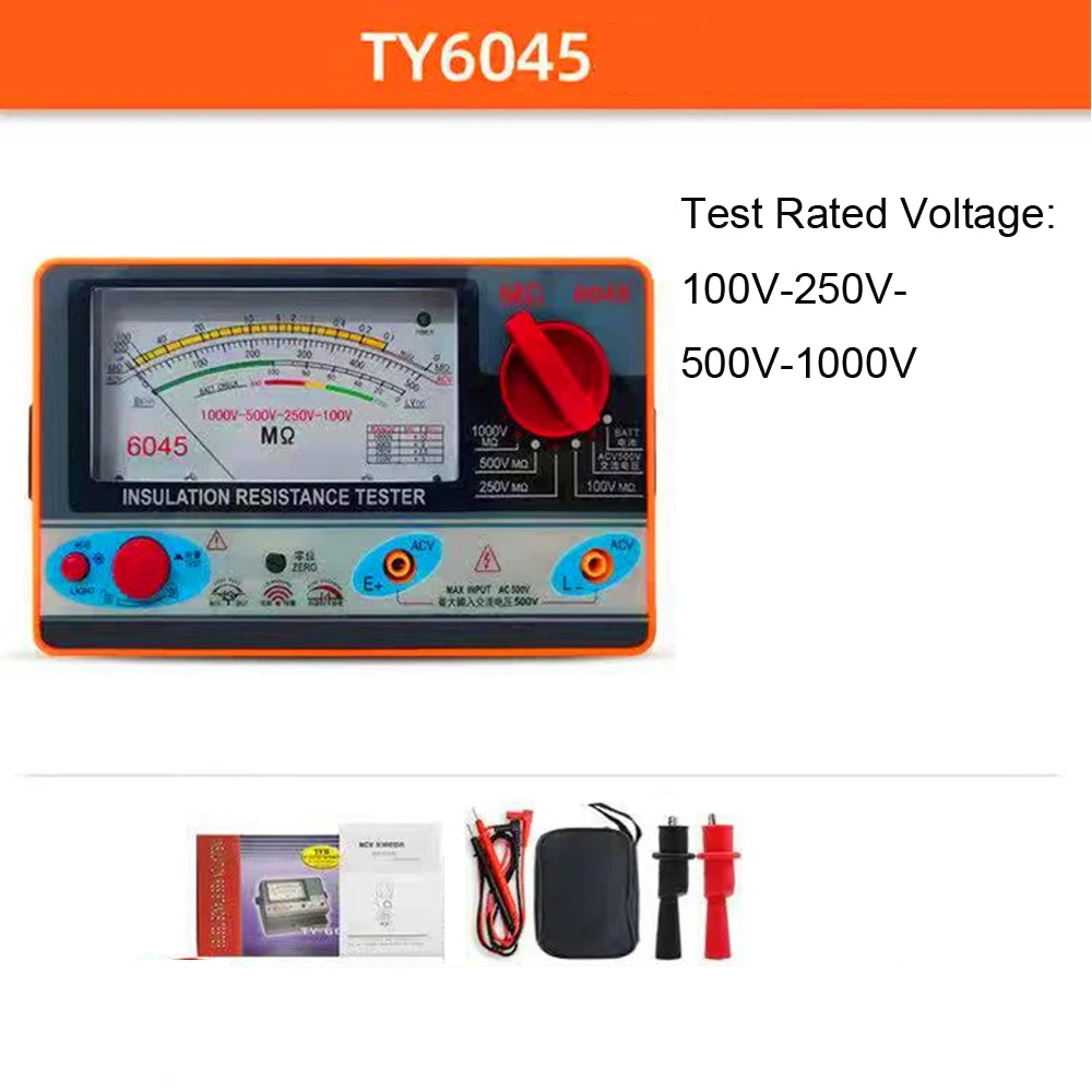 TY6045 Resistance Tester 100V-250V-500V-1000V Insulation Pointer Resistance Meter Analog Insulation Tester 0.5-2000M Resistance