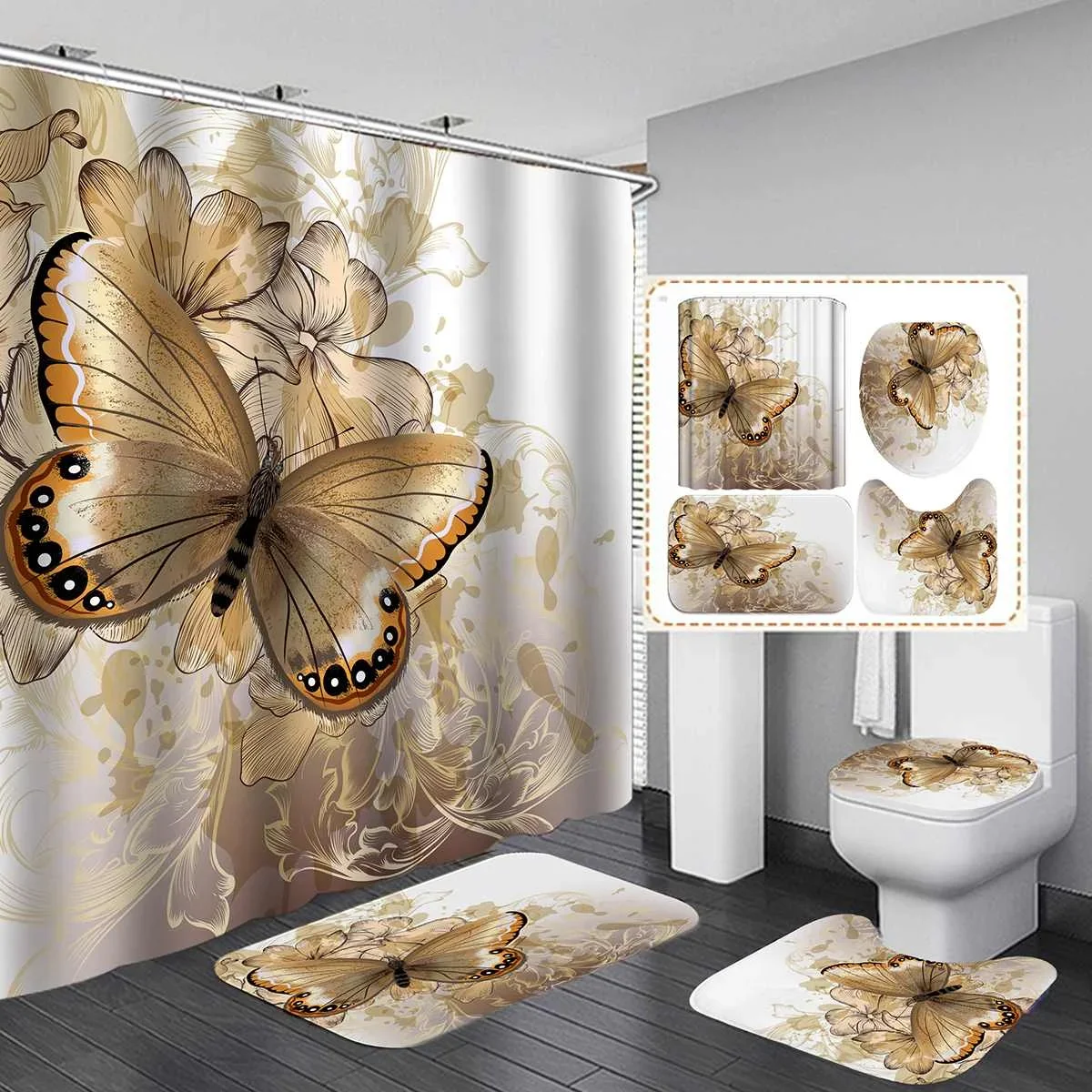 

Gold butterfly Shower Curtain Set Bathroom Curtain Carpet Toilet Cover non-slip Bath mat set Bathroom rug