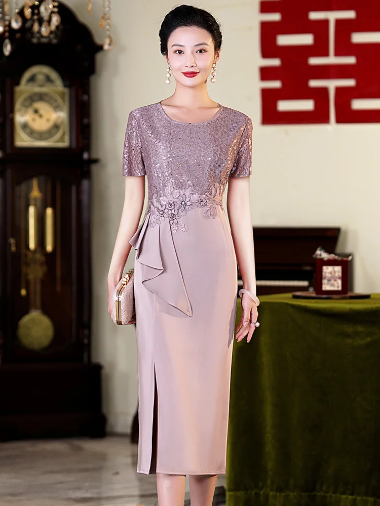 

Элегантное летнее платье для молодой свекрови на свадебный банкет, приталенное, простое, повседневное, из полиэстера и спандекса