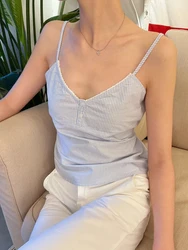 Blue Striped Back Lace-up Tank Top Woman Lace Trim Buttons V-neck Cotton Camis Summer Casual Streetwear Sweet Slim Crop Tops Y2k