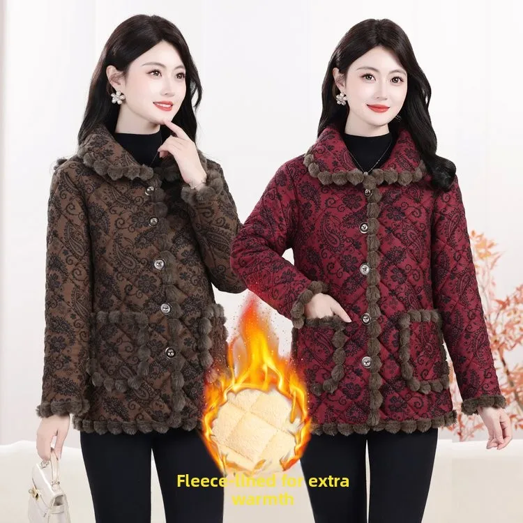 

Sli ort Thiened Fce Lined Cotton Jaet for Middle Aged And ly Women Flip Collar Trendy Outerwear Coat
