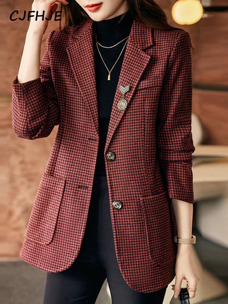 CJFHJE Plaid Green Fashion Suit Jacket Women Gray Autumn Button High Street Blazers Female Elegant Pocket Red Office Lady Blazer