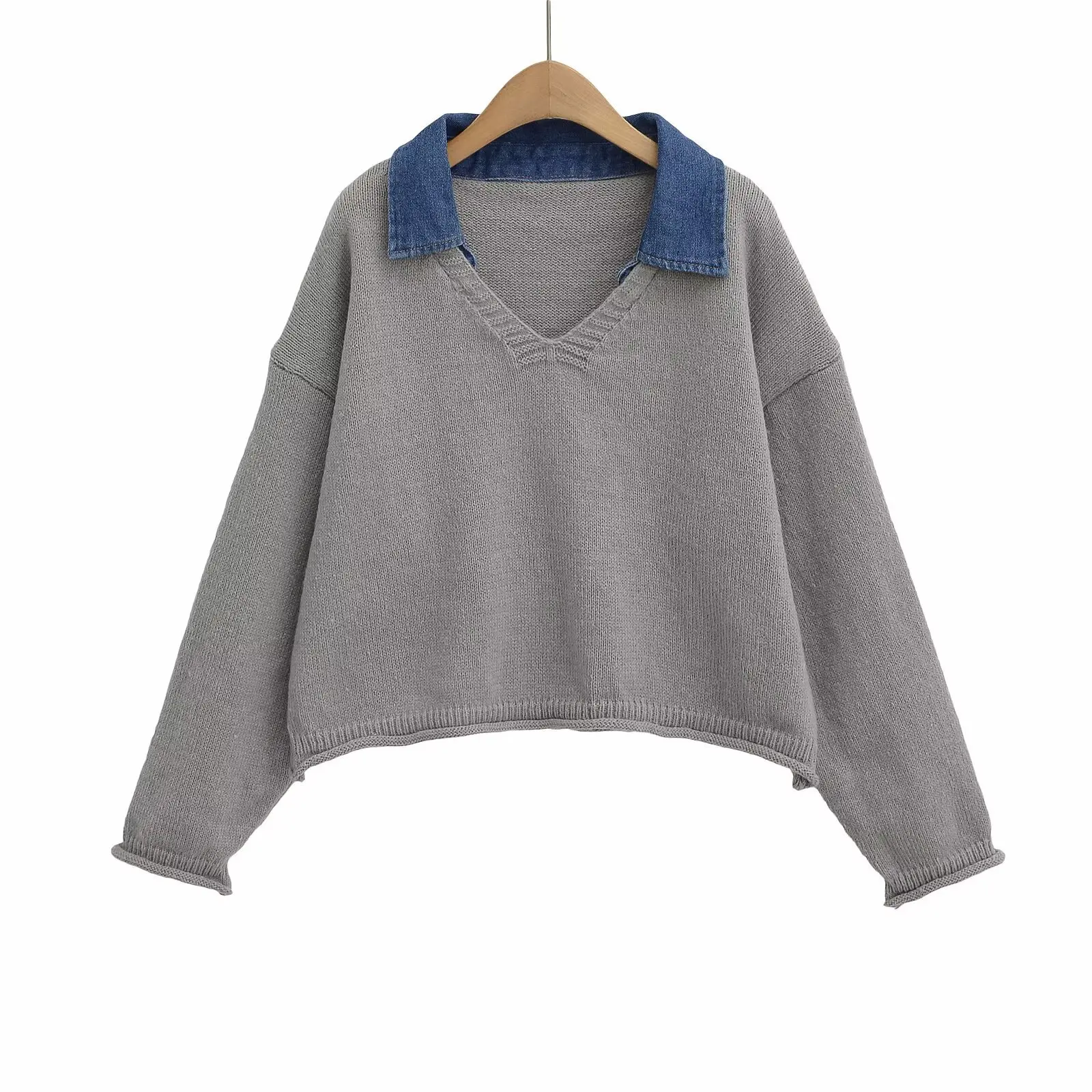 

Long Sleeve Knitted Pullover Sweater Tops Women New Autumn Winter Fashion Simple Splicing Collar Patchwork Sweater Coat